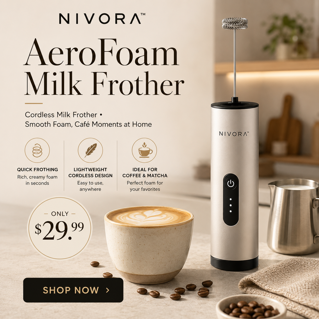 NIVORA™ AeroFoam Cordless Milk Frother